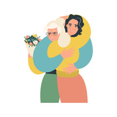 Young man with his old mother. Son and mother hug each other. Mothers day concept media. Vector flat design illustration. 