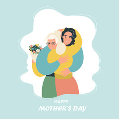 Young man with his old mother. Son and mother hug each other. Mothers day concept media. Vector flat design illustration. 