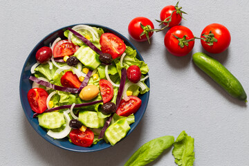 Mediterranean salad. It contains plenty of olive oil and vinegar water. It's a great salad for dieters. A widely consumed salad for a healthy diet.