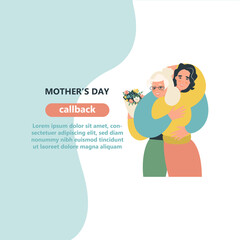 Young man with his old mother. Son and mother hug each other. Mothers day concept media. Vector flat design illustration. 