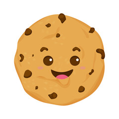 Cute, comic kawaii cookie, emotional character in cartoon style isolated on white background. Dessert with chocolate chips. 