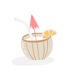 Exotic cocktail in coconut. Summer vacation in paradise. Resort concept. Coconut cocktail with straw, umbrella and orange slice.