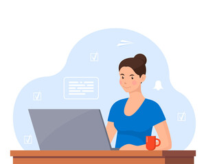 Fototapeta na wymiar Young woman working on laptop at home office. Freelancer at work, remote work. Young woman sitting at a desk with a laptop and coffee cup. Flat style color modern vector illustration.