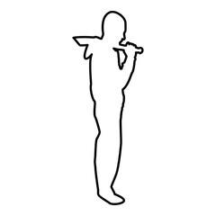 Man with sword machete Cold weapons in hand military man Soldier Serviceman in positions Hunter with knife Fight poses Strong defender Warrior concept Weaponry Stand contour outline black color 