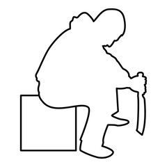 Man with sword machete Cold weapons in hand military man Soldier Serviceman in positions Hunter with knife Fight poses Strong defender Warrior concept Weaponry Sit on box contour outline black color 