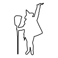 Fairy Wizard Witch standing with broom Subject for Halloween concept contour outline black color vector illustration flat style image