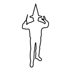 Wizard holds magic wand trick Waving Sorcery concept Magician Sorcerer Fantasy person Warlock man in robe with magical stick Witchcraft in hat mantle Mage conjure Mystery idea Enchantment contour 