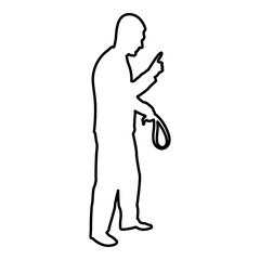 Angry man with belt in hand for punishment warns showing index finger Violence in family concept Abuse idea Domestic trouble Fury male threatening victim Social problem Husband father emotionally 