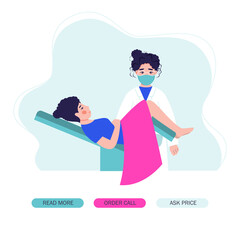 Gynecologist doctor examining woman lying in gynecological chair. Cervix checkup screening appointment. Female visiting gynecologist. Flat vector illustration

