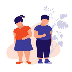 Obesity Children. Health And Body Conscious Concept. Vector Flat Cartoon Illustration. Boy And Girl Overweight.