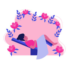 Gynecologist doctor examining woman lying in gynecological chair. Cervix checkup screening appointment. Female visiting gynecologist. Flat vector illustration

