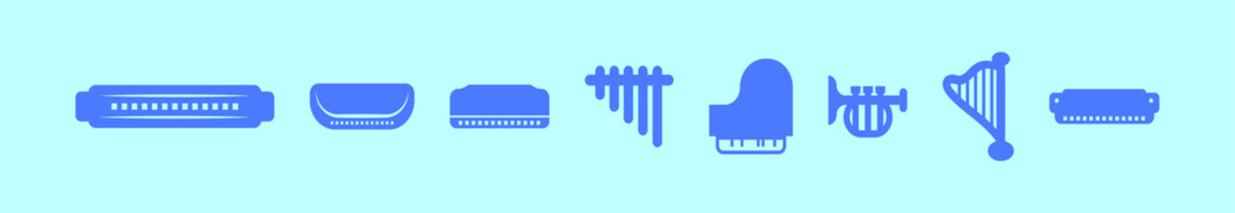 set of music instruments cartoon icon design template with various models. vector illustration isolated on blue background