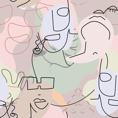 One line drawing. Abstract face seamless pattern.