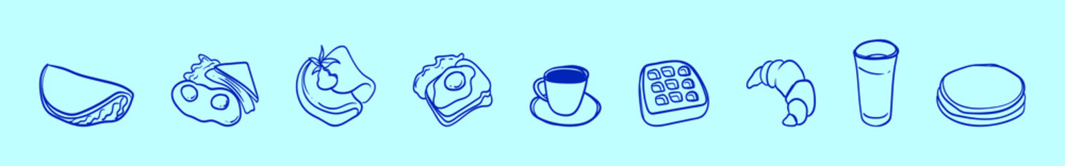 set of omelet cartoon icon design template with various models. vector illustration isolated on blue background