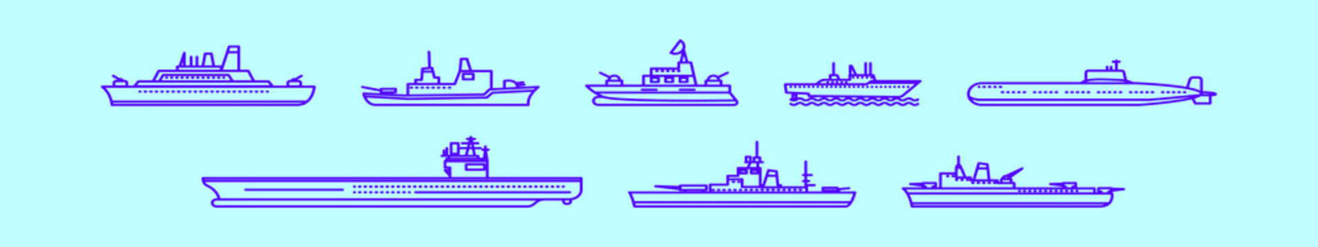 set of marine ships cartoon icon design template with various models. vector illustration isolated on blue background