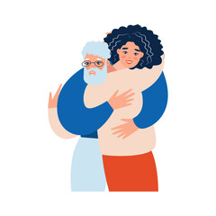 Young girl with his old father. daugher and father hug each other. Fathers day concept media. Vector flat design illustration. 

