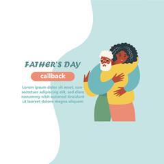 Young girl with his old father. daugher and father hug each other. Fathers day concept media. Vector flat design illustration. 


