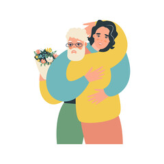 Young man with his old father. Son and father hug each other. Fathers day concept media. Vector flat design illustration. 