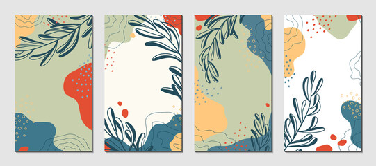 Botanical art. Abstract organic vector shapes, leaves, branch, plants. Set of natural template in doodle style for social media post, cover, poster, stories, background. Modern graphics for business