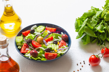 Mediterranean salad. It contains plenty of olive oil and vinegar water. It's a great salad for dieters. A widely consumed salad for a healthy diet.