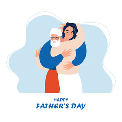 Young man with his old father. Son and father hug each other. Fathers day concept media. Vector flat design illustration. 
