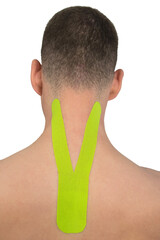 Naklejka premium close-up of the neck, with medical tapes pasted on, to relieve pain from the spine and upper part of the head