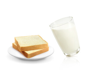 1 glass of fresh milk plus 2 soft breads, thinly sliced on a plate on a white background