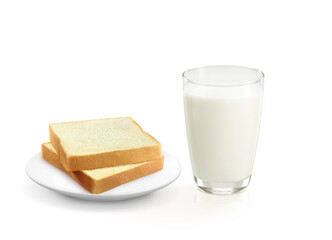 1 glass of fresh milk plus 2 soft breads, thinly sliced on a plate on a white background