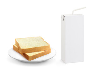 1 box of fresh milk with 2 soft breads, sliced on a plate on a white background.
