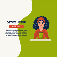 Health, vegetarianism, vegan green smoothie or cocktail concept. Happy healthy young woman got a vegetarian meal, Breakfast. Detox concept. Teenager Student girl with smile ready to eat healthy. Simpl