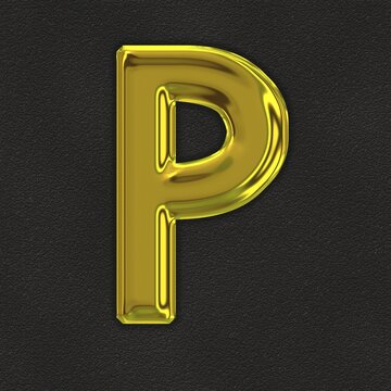 square graphic with the golden upper-case character P on black leather representing a capital letter
