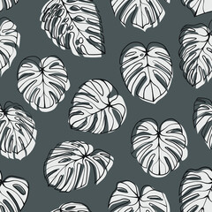 Monstera Deliciosa Leaf with Abstract Shape Seamless Pattern. Perfect for Textile, Fabric, Background, Print