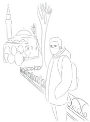 Sketch portrait of a guy in a mask on the background of a mosque during quarantine