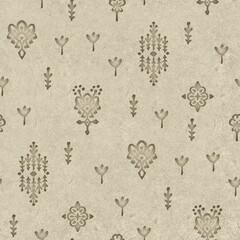 Seamless embossed paper texture for print. High quality illustration. Beige taupe or tan paper texture with embossed abstract ethnic tribal design overlay. Seamless repeat raster jpg pattern swatch.