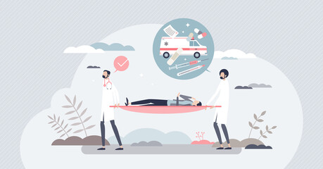 First aid and medical emergency ambulance with doctors tiny person concept. Injured patient and rescue team with medicine stretchers vector illustration. Healthcare professional rush to save lives.