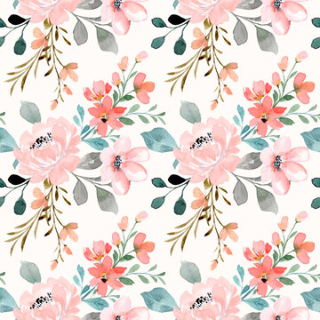 Seamless pattern of peach pink flower with watercolor