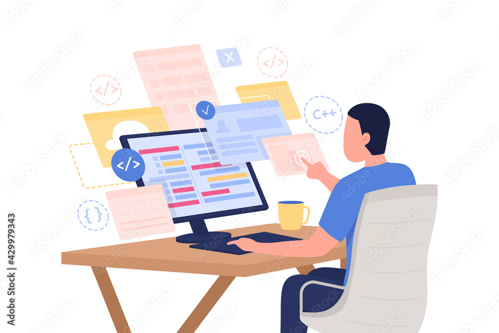 Poster online programming course flat concept vector illustration. computer engineer. male programmer 2d ca