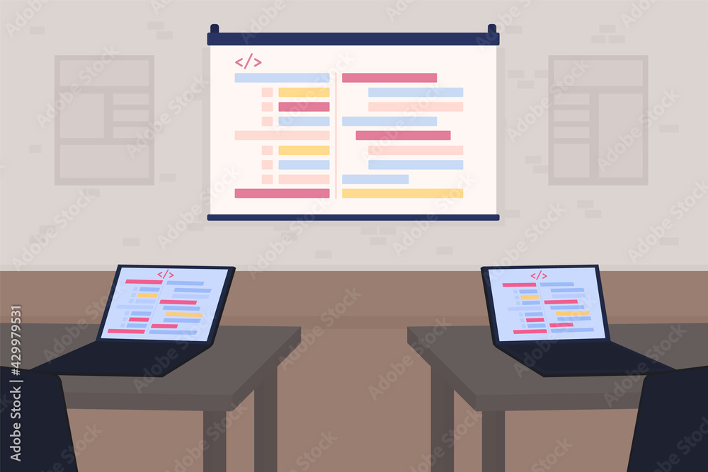 Poster developer seminar flat color vector illustration. conference for coders. study development. classroo