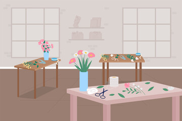 Floristry workshop flat color vector illustration. Learn hobby. Floral arrangements. Making bouquets in vases. Flower shop interior 2D cartoon interior with furniture on background