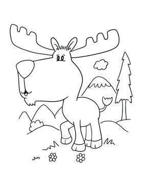 Cute Forest Moose Coloring Book Page Vector Illustration Art