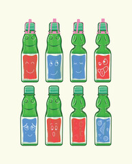 Taiwanese green ramune soda with red and blue labels in flat design vector illustration art