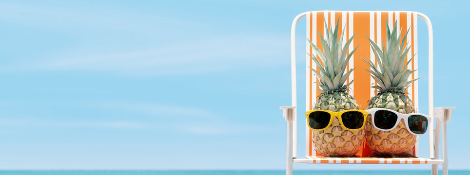 Tropical beach, hipster pineapples on chair with sky background. 3d rendering