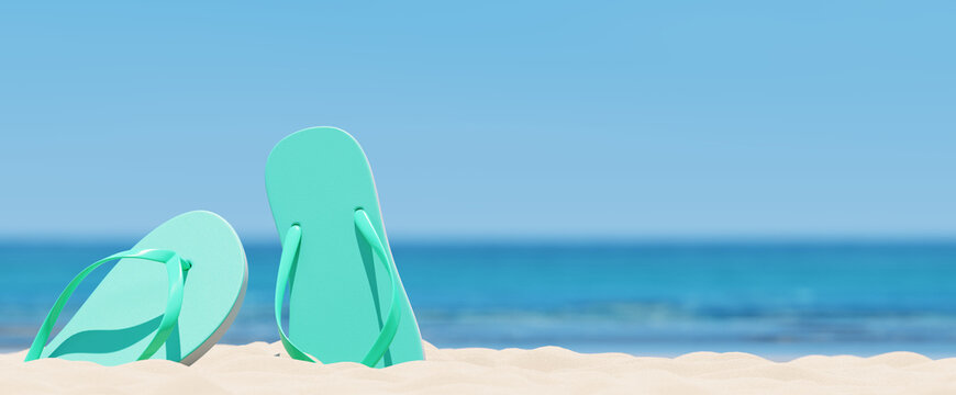 Summer beach concept, flip-flops on on sand, sea and sky background. 3d rendering