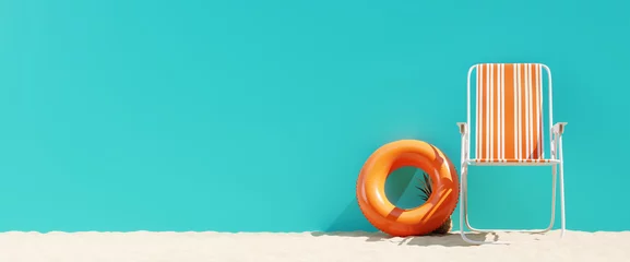 Foto op Canvas Zomer strand concept, stoel met ring zwevend en ananas op blauwe achtergrond. 3D-rendering © aanbetta