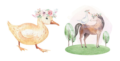 Obraz na płótnie Canvas Farms animal isolated set. Cute domestic farm pets watercolor illustration. horse and goose cartoon drawing.