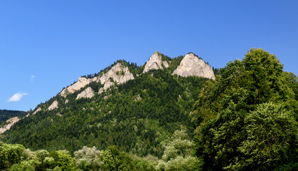 View to Three Crowns peak in Pieniny National Park in Slovakia on a clear blue sky background
