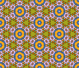 Abstract colorful doodle geometric flower seamless pattern. Floral background. Mosaic, geo tile of thin line ornament.