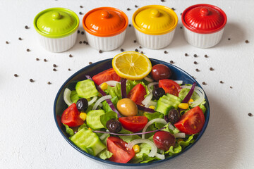 Mediterranean salad. It contains plenty of olive oil and vinegar water. It's a great salad for dieters. A widely consumed salad for a healthy diet.