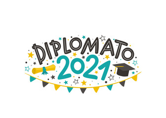 Italian Doodle Logo for the 2021 graduate with a masters cap, rolled scroll, flags and stars. Vector illustration for badge or emblem. Isolated on white background
