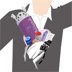 A close-up drawing of a man wearing a black suit with a brown beard. Heart and Judaica objects of Jews: Torah scroll, prayer book, Kiddush cup, mezuzah, tefillin, kippah, tallit. Vector illustration.